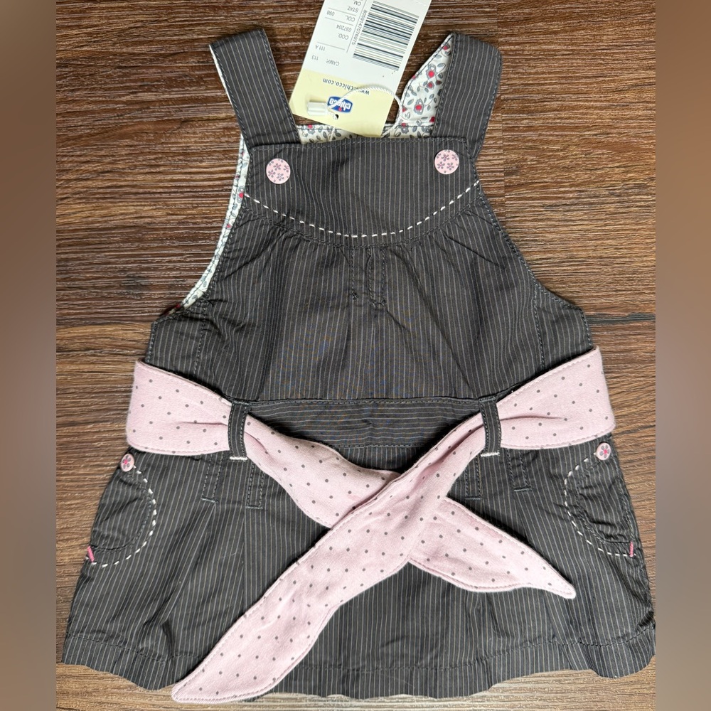 Chicco Baby Girl Overall Jumper Dress Brown Gray Pinstripe Pink Sash 3-6 M NWT